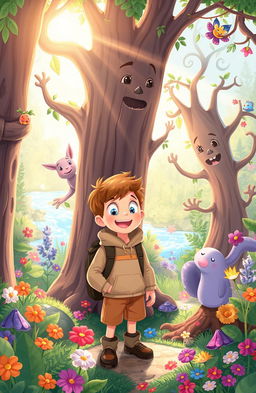 A vibrant and enchanting illustration of a magical forest filled with whimsical, talking trees, colorful flowers, and mystical creatures
