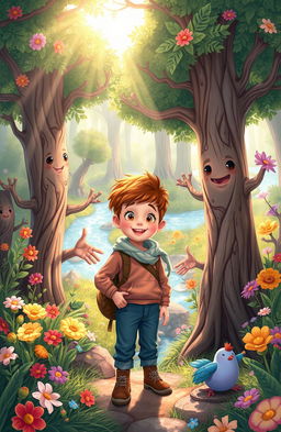 A vibrant and enchanting illustration of a magical forest filled with whimsical, talking trees, colorful flowers, and mystical creatures