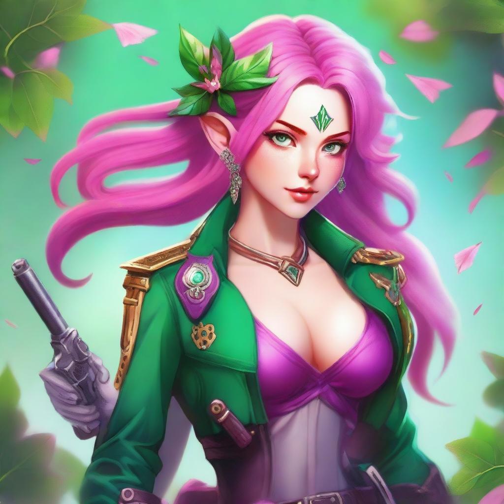 A high-quality digital art image of a young Spring Eladrin elf with shoulder-length vibrant pink hair and emerald green eyes