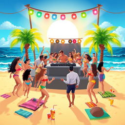An illustration of a vibrant beach party scene featuring a famous DJ on an elevated stage, surrounded by lively couples dancing excitedly to the music