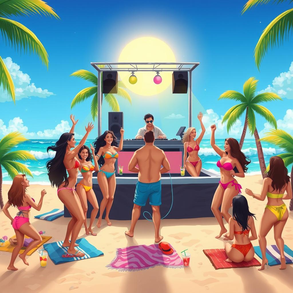 An illustration of a vibrant beach party scene featuring a famous DJ on an elevated stage, surrounded by lively couples dancing excitedly to the music