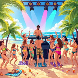 An illustration of a vibrant beach party scene featuring a famous DJ on an elevated stage, surrounded by lively couples dancing excitedly to the music