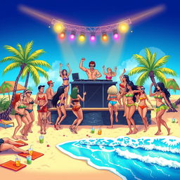 An illustration of a vibrant beach party scene featuring a famous DJ on an elevated stage, surrounded by lively couples dancing excitedly to the music