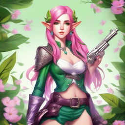 A high-quality digital art image of a young Spring Eladrin elf with shoulder-length vibrant pink hair and emerald green eyes