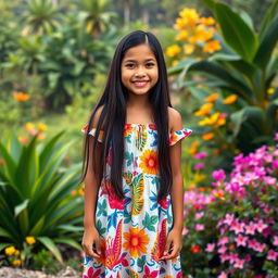 A beautiful Colombian girl standing full-length, featuring long dark hair and wearing a stylish, vibrant dress that reflects Colombian culture