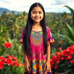 A beautiful Colombian girl standing full-length, featuring long dark hair and wearing a stylish, vibrant dress that reflects Colombian culture