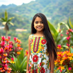 A beautiful Colombian girl standing full-length, featuring long dark hair and wearing a stylish, vibrant dress that reflects Colombian culture