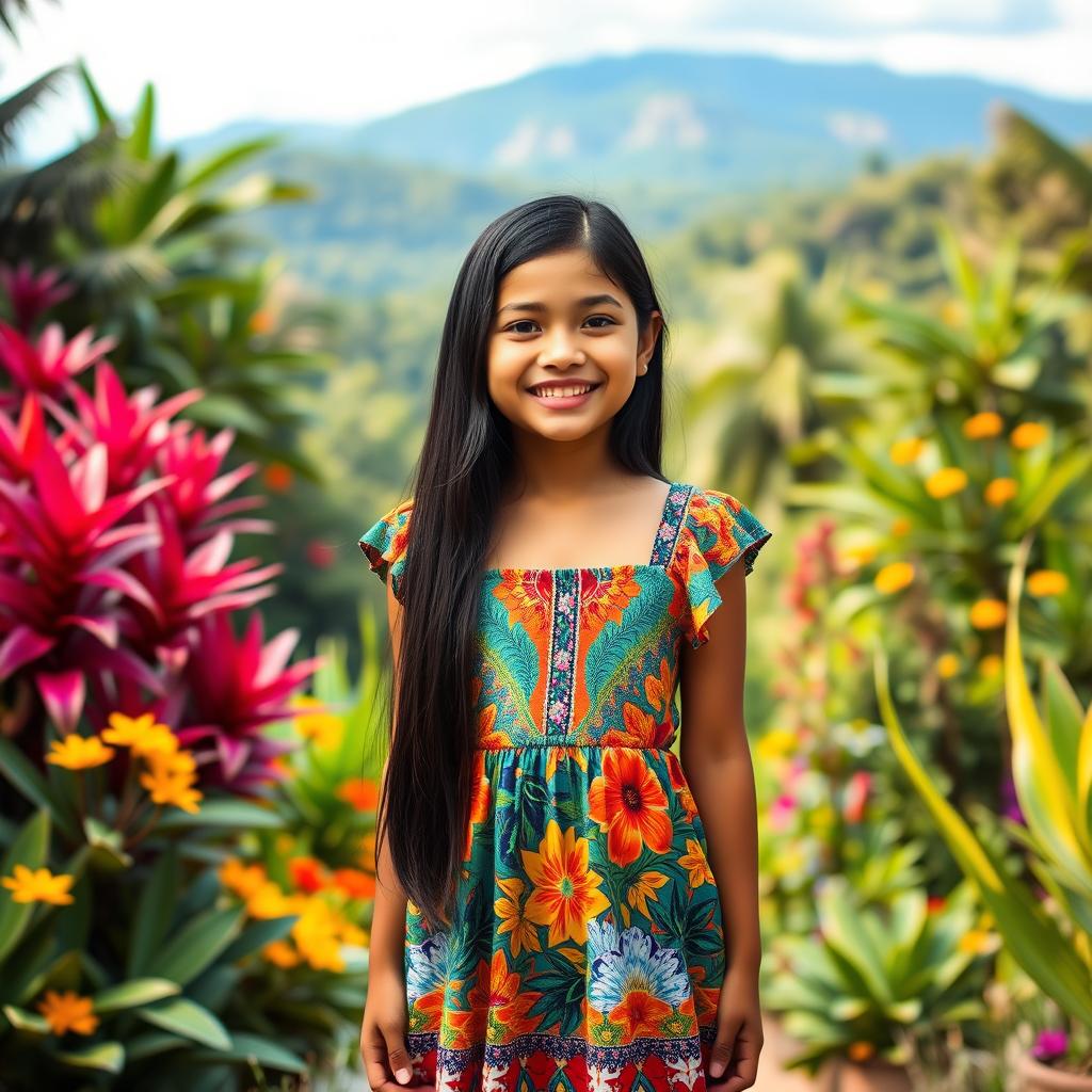 A beautiful Colombian girl standing full-length, featuring long dark hair and wearing a stylish, vibrant dress that reflects Colombian culture