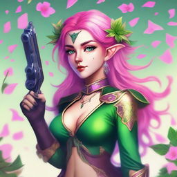 A high-quality digital art image of a young Spring Eladrin elf with shoulder-length vibrant pink hair and emerald green eyes