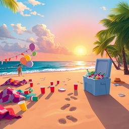An illustration depicting the aftermath of a vibrant beach party titled 'Bam Bam' by Juanes Garcia