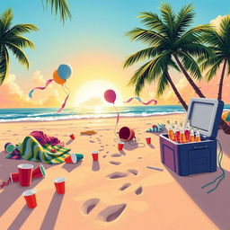 An illustration depicting the aftermath of a vibrant beach party titled 'Bam Bam' by Juanes Garcia