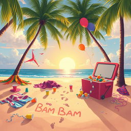 An illustration depicting the aftermath of a vibrant beach party titled 'Bam Bam' by Juanes Garcia