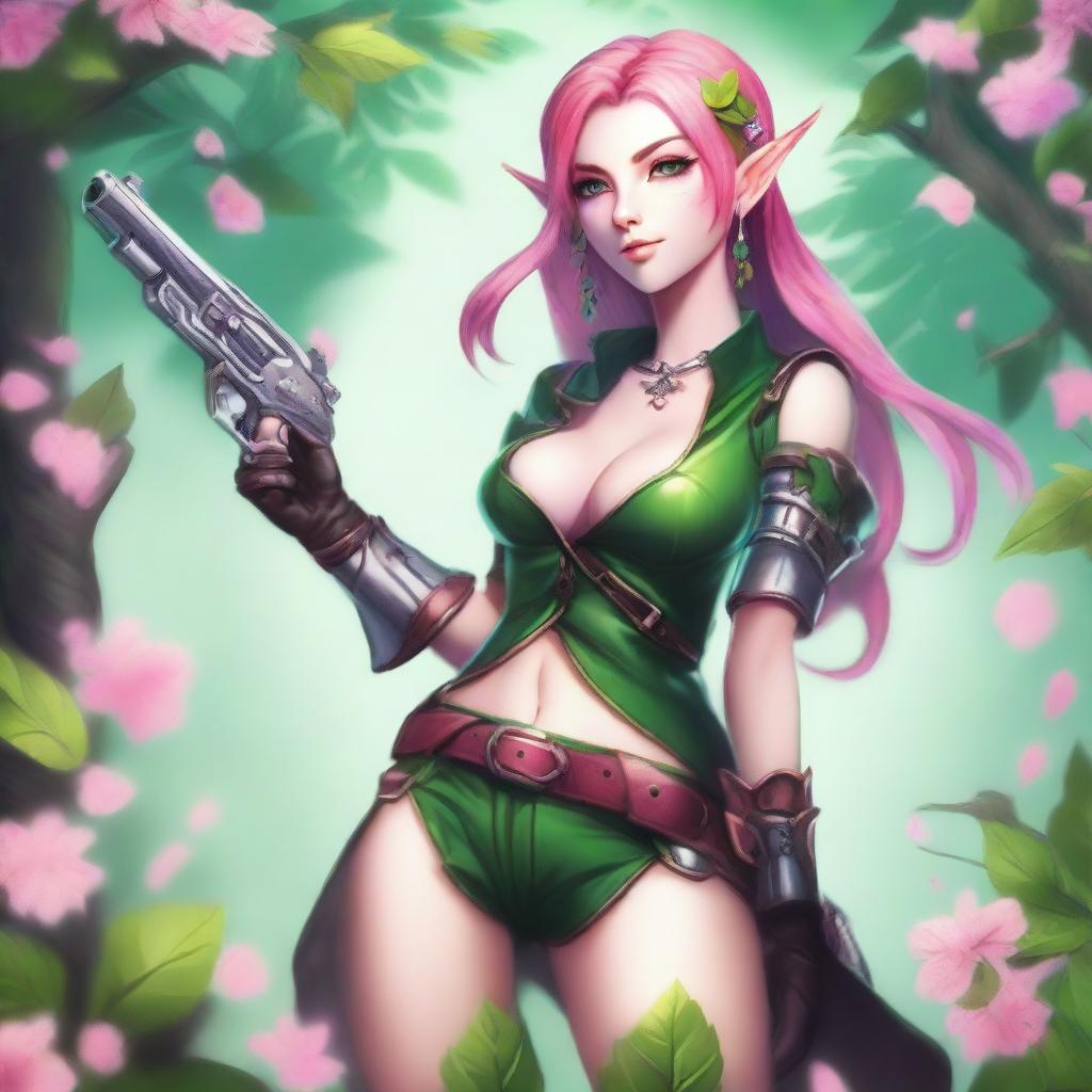 A high-quality full-length digital art image of a young Spring Eladrin elf with shoulder-length vibrant pink hair and emerald green eyes