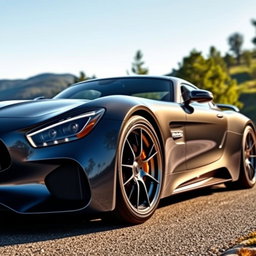 A sleek, futuristic Mercedes AMG One sports car, showcasing its aerodynamic design with sharp lines and a glossy metallic finish