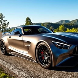 A sleek, futuristic Mercedes AMG One sports car, showcasing its aerodynamic design with sharp lines and a glossy metallic finish