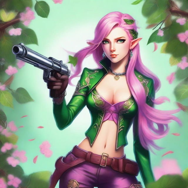 A high-quality full-length digital art image of a young Spring Eladrin elf with shoulder-length vibrant pink hair and emerald green eyes