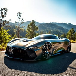 A sleek, futuristic Mercedes AMG One sports car, showcasing its aerodynamic design with sharp lines and a glossy metallic finish