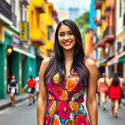 A beautiful Colombian woman aged between 35 and 40, with long dark hair, standing full-length