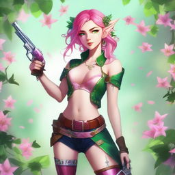 A high-quality full-length digital art image of a young Spring Eladrin elf with shoulder-length vibrant pink hair and emerald green eyes