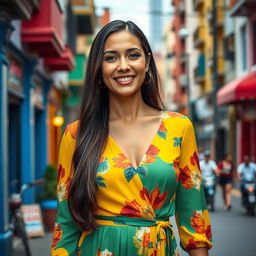 A beautiful Colombian woman aged between 35 and 40, with long dark hair, standing full-length
