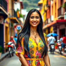 A beautiful Colombian woman aged between 35 and 40, with long dark hair, standing full-length