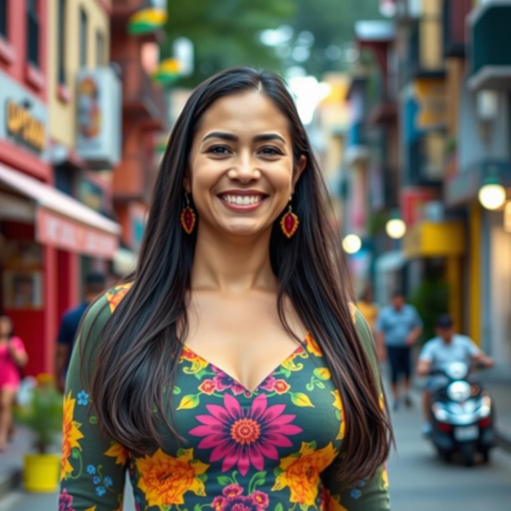 A beautiful Colombian woman aged between 35 and 40, with long dark hair, standing full-length