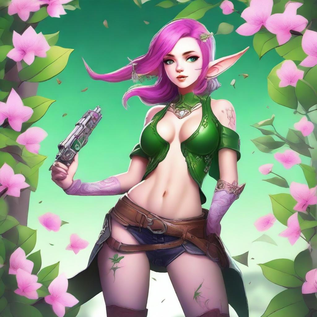 A high-quality full-body digital art image of a young Spring Eladrin elf with neck-length vibrant pink hair and emerald green eyes