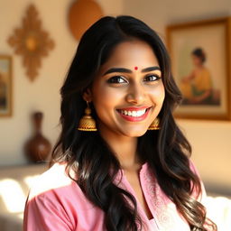 A beautiful young woman with long, wavy black hair smiles warmly, adorned with traditional golden jhumka earrings and a pink embroidered kurta