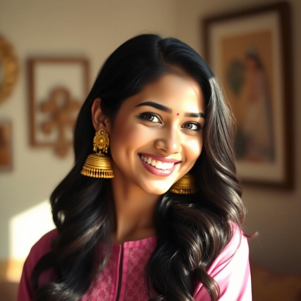 A beautiful young woman with long, wavy black hair smiles warmly, adorned with traditional golden jhumka earrings and a pink embroidered kurta