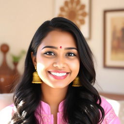 A beautiful young woman with long, wavy black hair smiles warmly, adorned with traditional golden jhumka earrings and a pink embroidered kurta