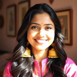 A beautiful young woman with long, wavy black hair smiles warmly, adorned with traditional golden jhumka earrings and a pink embroidered kurta