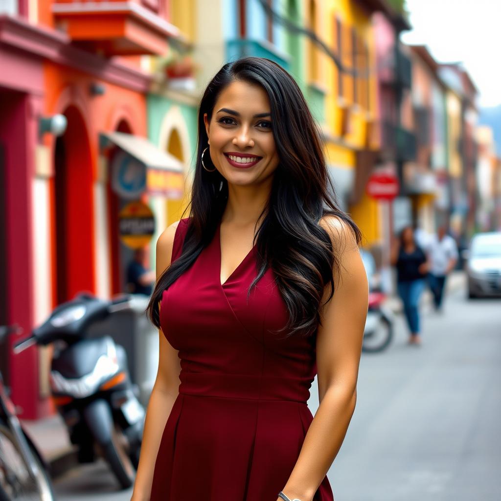 A beautiful Colombian woman aged between 35 and 40, with long dark hair, standing full-length