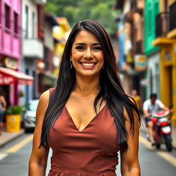 A beautiful Colombian woman aged between 35 and 40, with long dark hair, standing full-length
