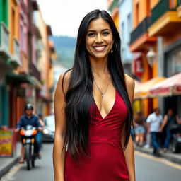 A beautiful Colombian woman aged between 35 and 40, with long dark hair, standing full-length