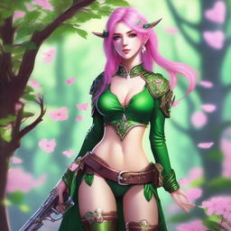 A high-quality full-body digital art image of a young Spring Eladrin elf with neck-length vibrant pink hair and emerald green eyes