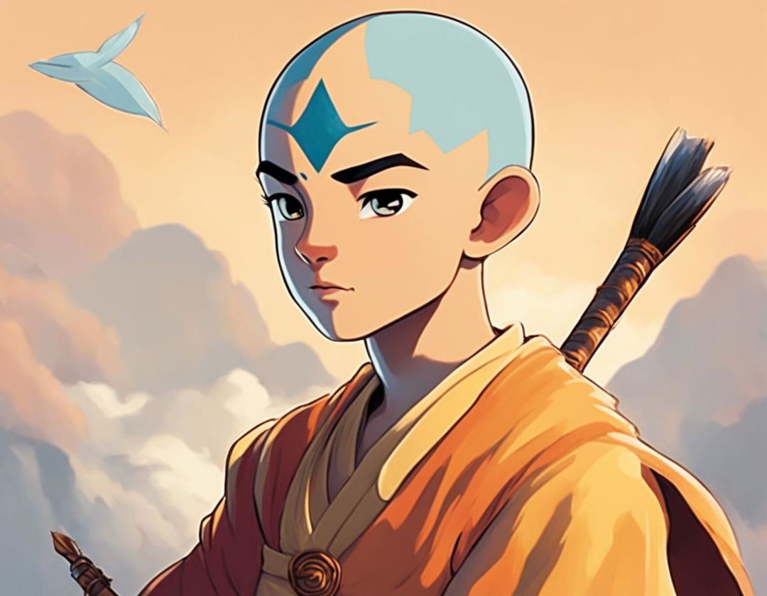 A high-quality digital art portrait of Aang, the Last Airbender, depicted in the unique style of Studio Ghibli