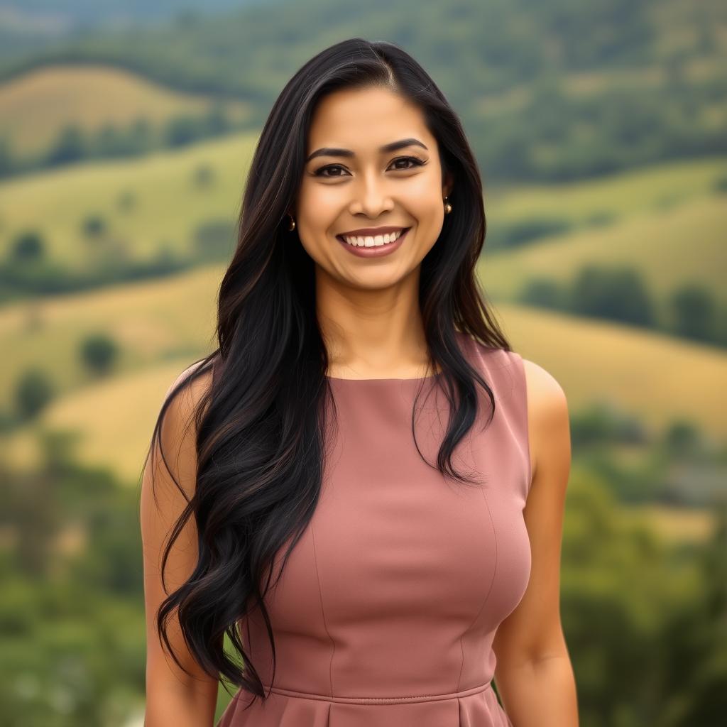 A beautiful Colombian woman aged between 35 and 40, with long dark hair, standing full-length