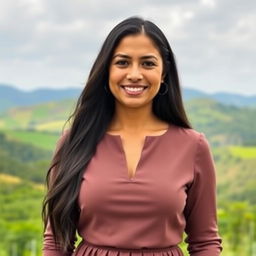 A beautiful Colombian woman aged between 35 and 40, with long dark hair, standing full-length