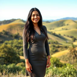 A beautiful Colombian woman aged between 35 and 40, with long dark hair, standing full-length