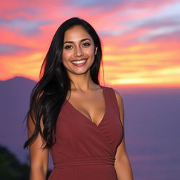 A beautiful Colombian woman aged between 35 and 40, with long dark hair, standing full-length