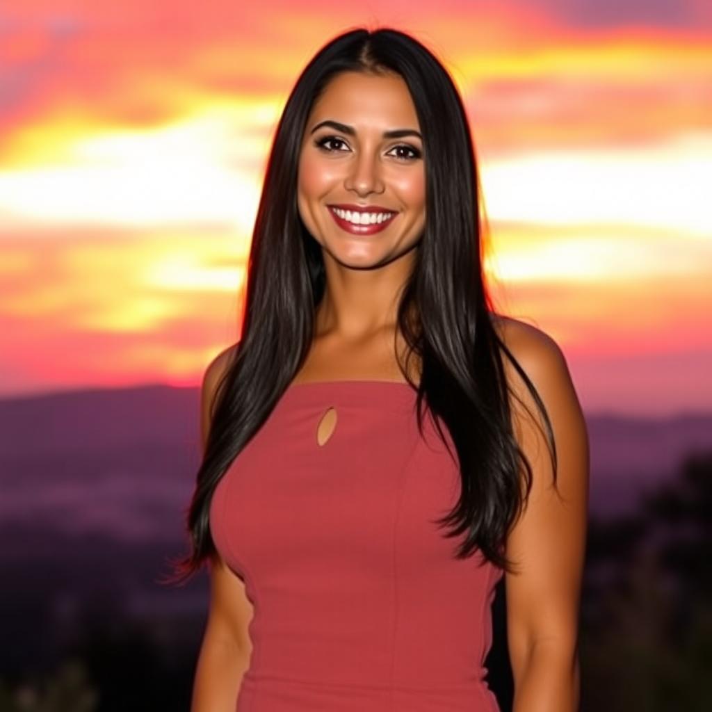 A beautiful Colombian woman aged between 35 and 40, with long dark hair, standing full-length