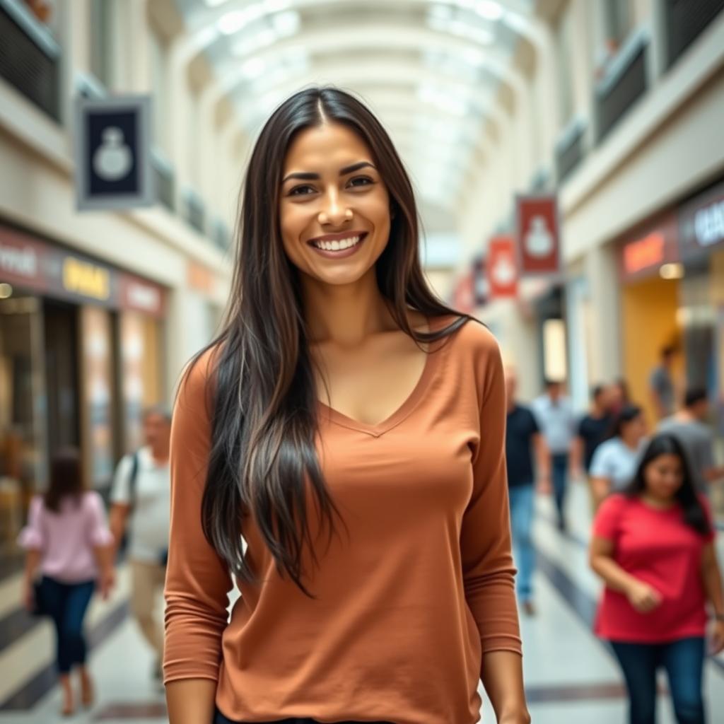 A beautiful Colombian woman aged between 35 and 40, with long dark hair, standing full-length