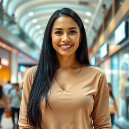 A beautiful Colombian woman aged between 35 and 40, with long dark hair, standing full-length