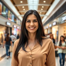 A beautiful Colombian woman aged between 35 and 40, with long dark hair, standing full-length