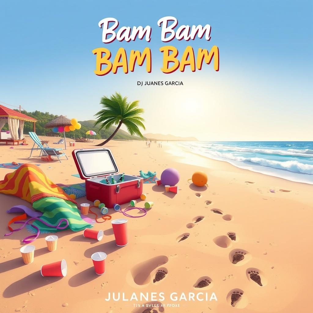 An illustration depicting the aftermath of a vibrant beach party titled 'Bam Bam' by DJ Juanes Garcia