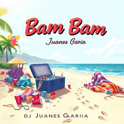 An illustration depicting the aftermath of a vibrant beach party titled 'Bam Bam' by DJ Juanes Garcia