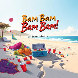 An illustration depicting the aftermath of a vibrant beach party titled 'Bam Bam' by DJ Juanes Garcia