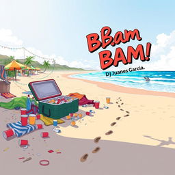 An illustration depicting the aftermath of a vibrant beach party titled 'Bam Bam' by DJ Juanes Garcia
