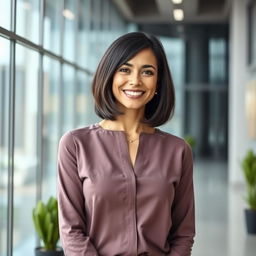 A beautiful Colombian woman aged between 35 and 40, with dark hair styled in a bob haircut, standing full-length