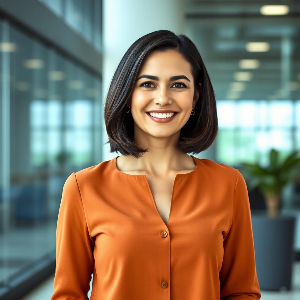 A beautiful Colombian woman aged between 35 and 40, with dark hair styled in a bob haircut, standing full-length